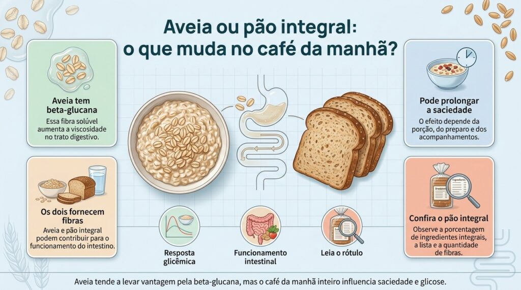 A aveia se destaca pela beta-glucana, enquanto um pão realmente integral também pode contribuir para aumentar o consumo de fibras.