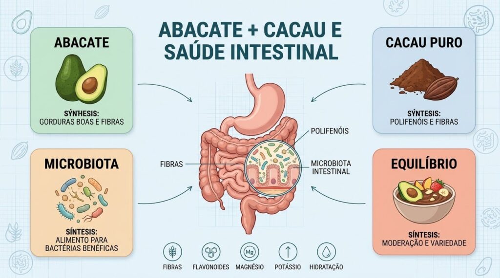 Abacate e cacau oferecem fibras e polifenóis que interagem com a microbiota.