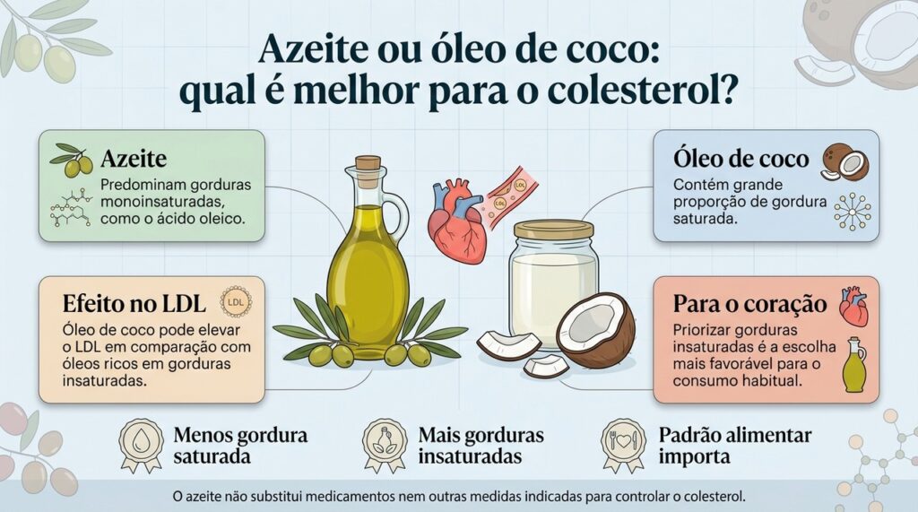 Para uso frequente, o azeite tem perfil de gorduras mais favorável à saúde cardiovascular do que o óleo de coco.