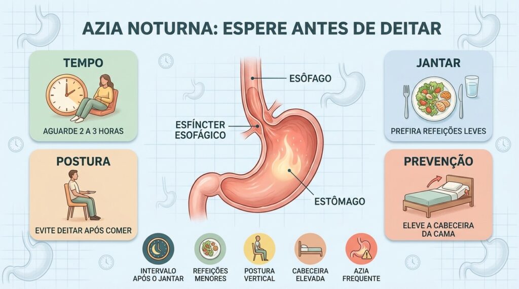 Quatro cuidados contra a azia noturna: tempo de espera, jantar leve, postura e cabeceira elevada.