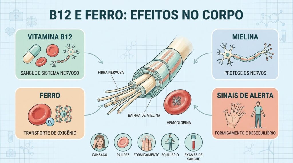 B12 protege os nervos; ferro transporta oxigênio, e exames ajudam a diferenciar deficiências.