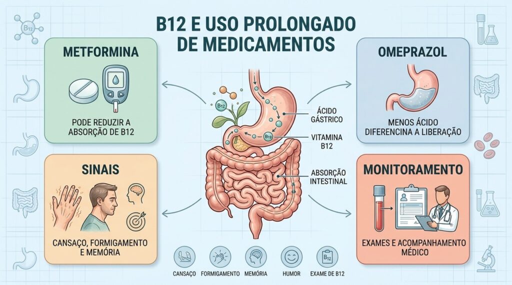 Metformina e omeprazol podem afetar a B12, reforçando a importância do monitoramento médico.