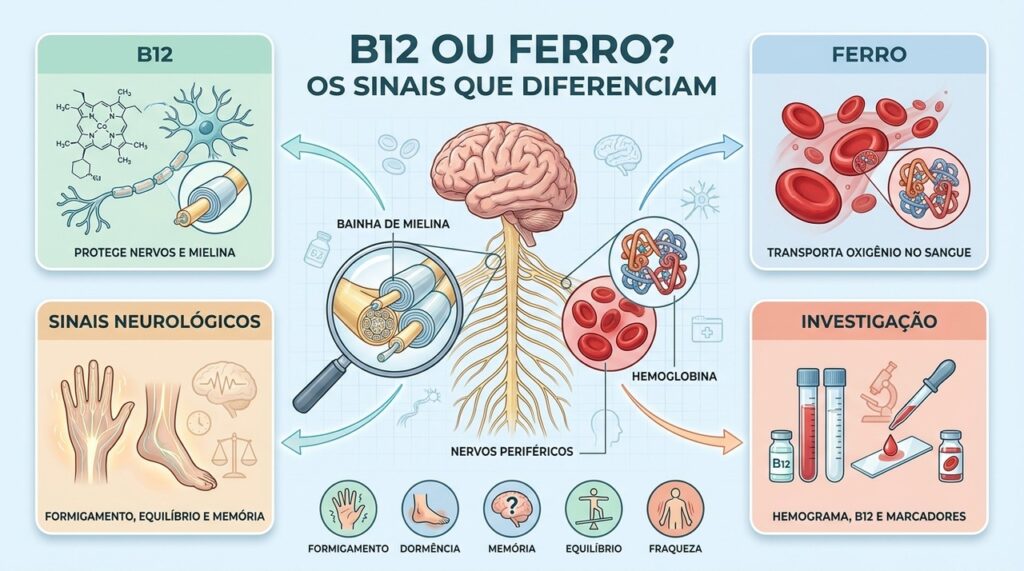 B12 afeta nervos e cognição; ferro atua principalmente no transporte de oxigênio.