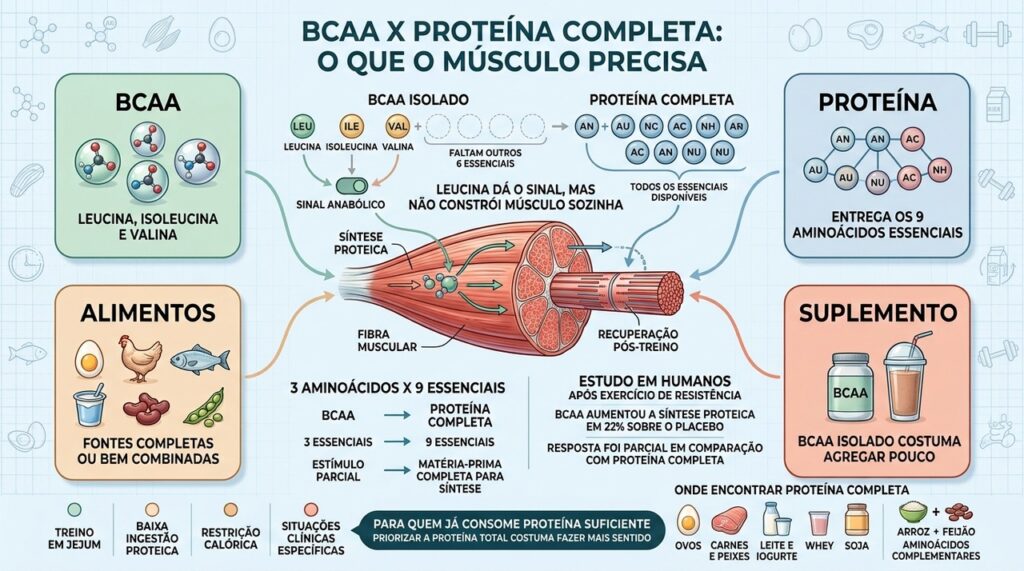BCAA sinaliza a síntese, mas proteína completa entrega todos os aminoácidos essenciais.