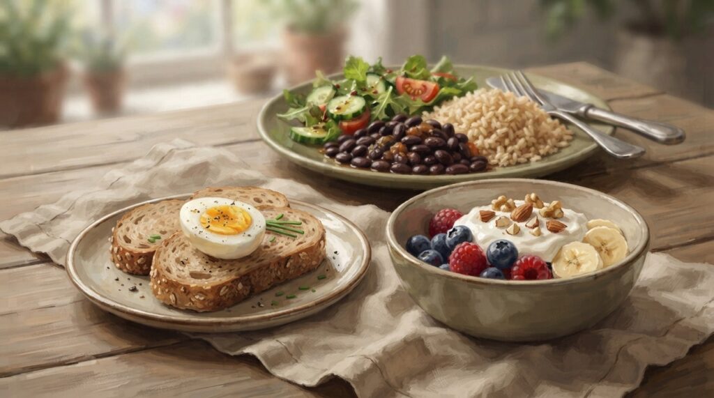 Arroz com feijão e salada, pão com ovo e fruta com iogurte ou castanhas são exemplos de combinações mais equilibradas.
