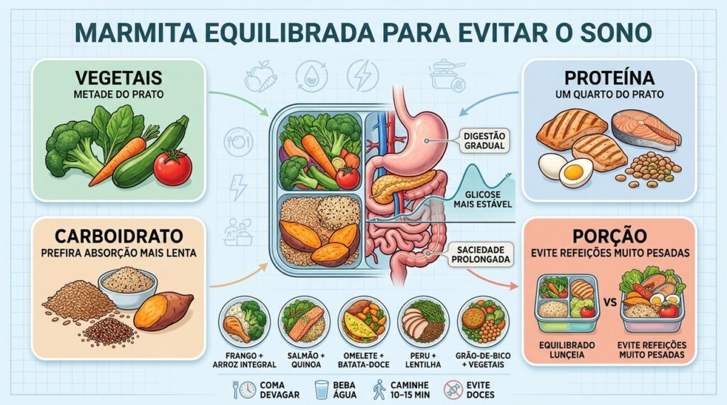 Porções equilibradas favorecem glicose estável, saciedade e disposição durante toda a tarde.