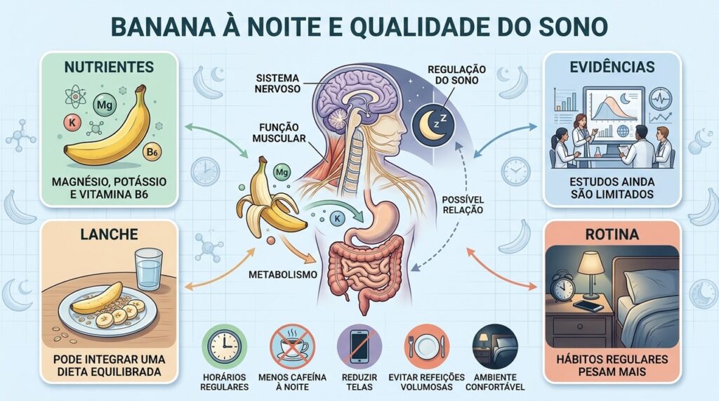 Nutrientes, evidências limitadas, lanche equilibrado e rotina contextualizam banana e qualidade do sono.