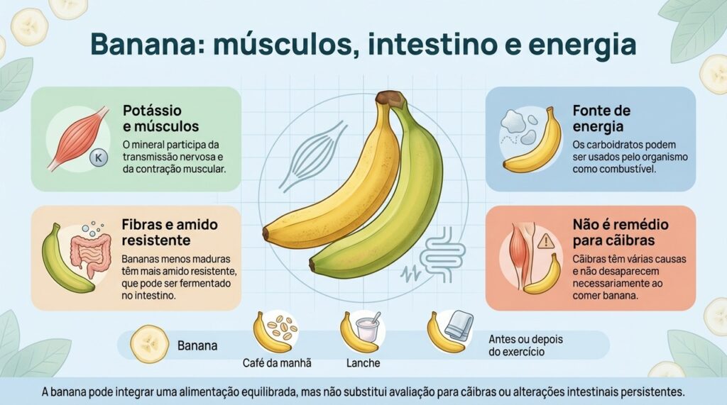 A banana fornece nutrientes úteis para a rotina, enquanto seus efeitos dependem do restante da alimentação e das necessidades de cada pessoa.