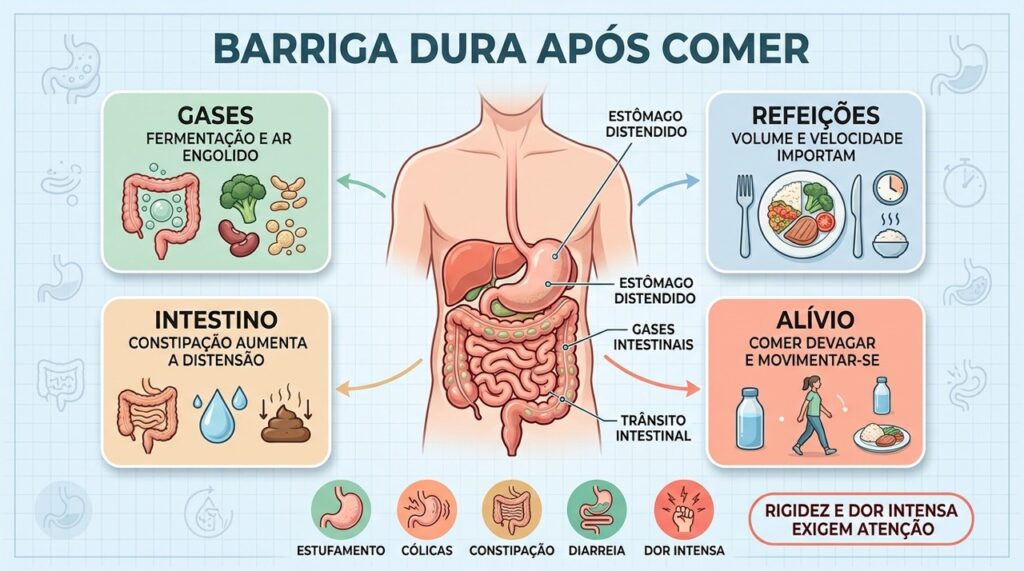 Gases, refeições volumosas e constipação estão entre as causas de distensão abdominal.