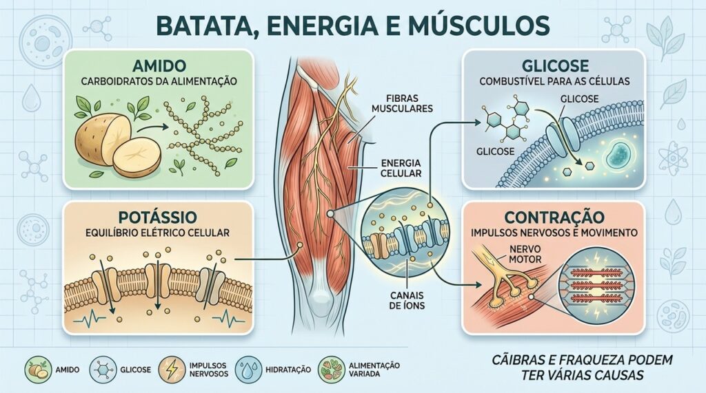 Carboidratos, potássio e outros nutrientes participam da energia celular e do funcionamento muscular.