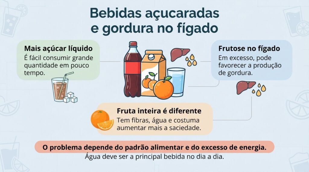 Açúcares líquidos consumidos com frequência podem favorecer o acúmulo de gordura no fígado, especialmente quando aumentam o excesso de calorias.
