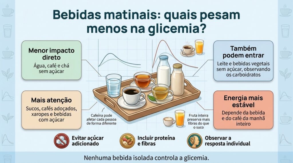 Bebidas sem açúcar podem reduzir a carga de carboidratos da manhã, mas a glicemia responde ao conjunto da refeição.