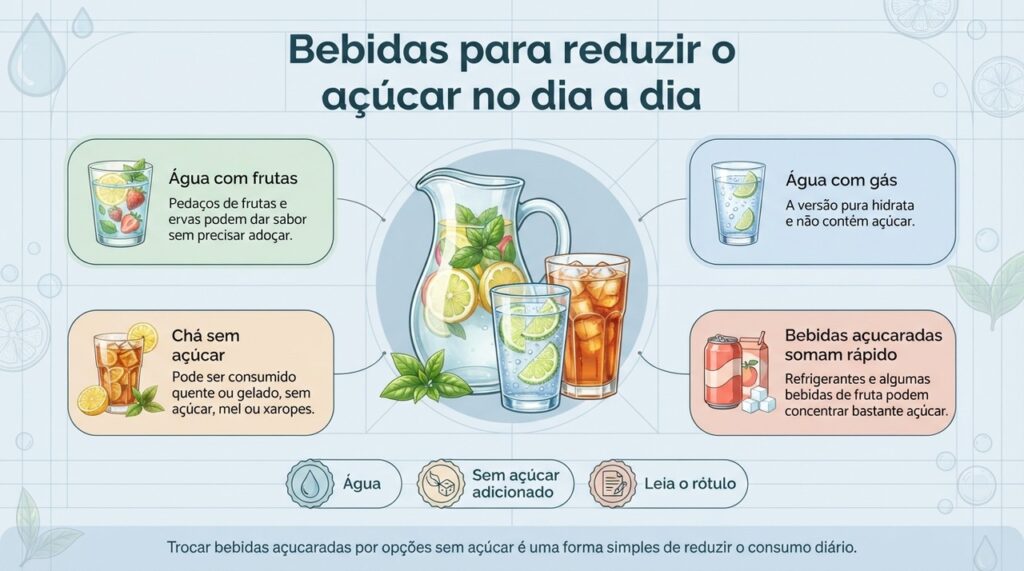 Água, chá sem açúcar e água com gás são opções simples para reduzir o açúcar consumido nas bebidas.