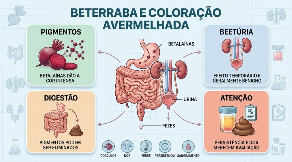 Beterraba pode colorir urina e fezes, mas persistência ou dor exigem avaliação.
