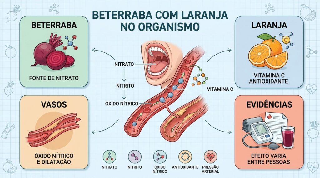 Beterraba fornece nitrato, enquanto laranja acrescenta vitamina C e antioxidantes à combinação.
