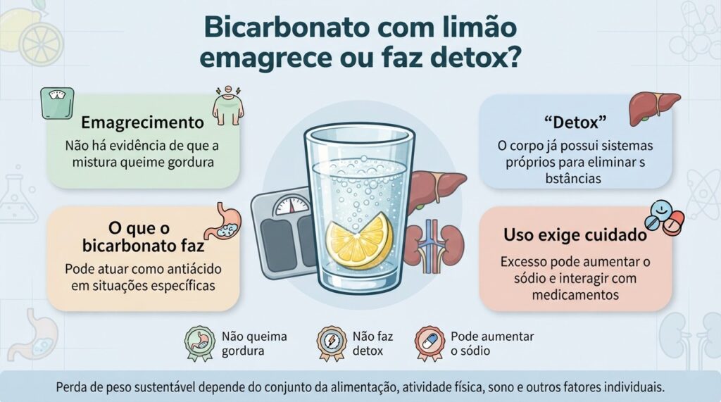 Bicarbonato com limão não tem benefício comprovado para emagrecer ou “desintoxicar” o organismo.