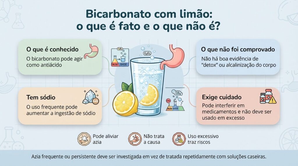 O bicarbonato tem ação antiácida conhecida, mas a mistura com limão não ganhou benefícios extras comprovados pela ciência.