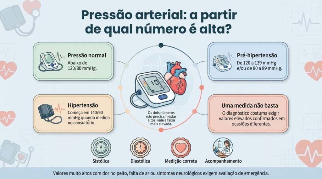 Pela diretriz brasileira de 2025, a hipertensão no consultório começa em 140/90 mmHg, enquanto 120/80 mmHg já entra na faixa de pré-hipertensão.