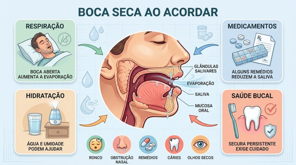 Respiração, medicamentos, hidratação e saúde bucal ajudam a explicar o ressecamento matinal.