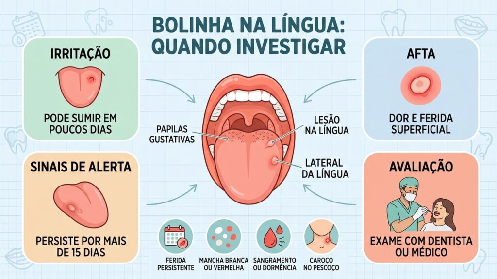Papilas irritadas e aftas são comuns; feridas persistentes, manchas e sangramentos merecem exame profissional.