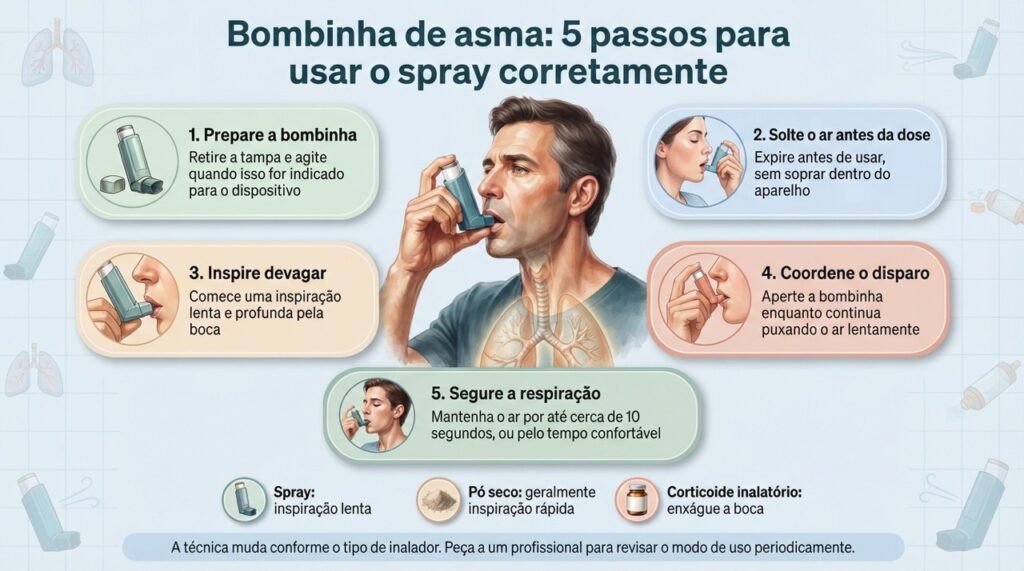 Expirar antes, inspirar lentamente durante o disparo e prender a respiração são etapas importantes no uso da bombinha de spray.