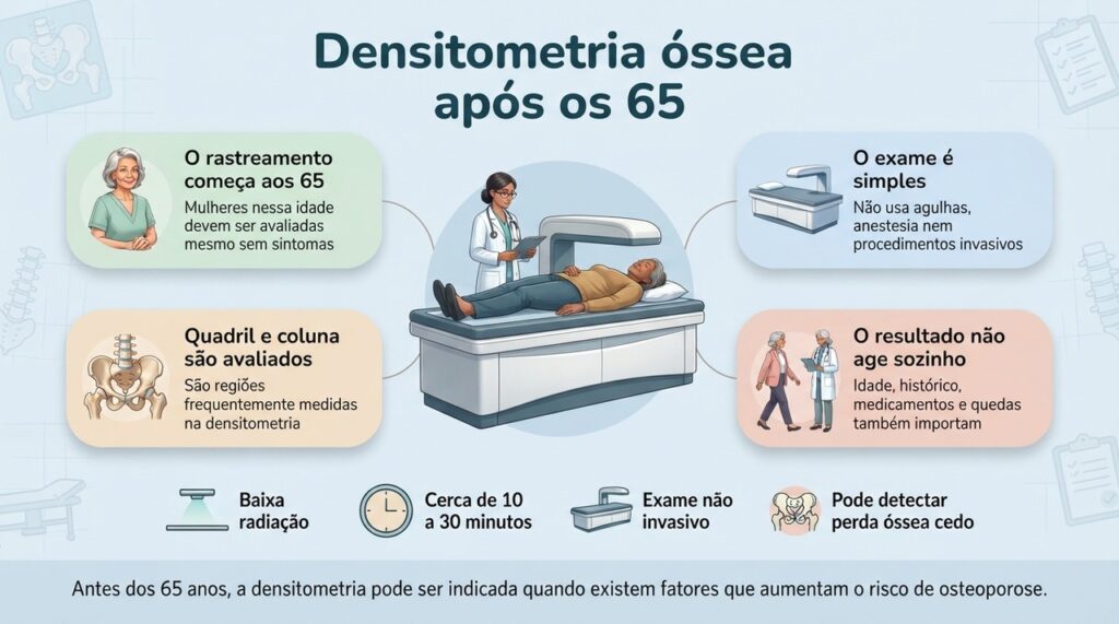 A densitometria mede a densidade mineral óssea e ajuda a identificar osteoporose antes que uma fratura aconteça.