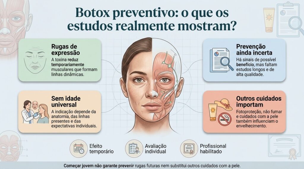 O chamado Botox preventivo pode reduzir linhas de expressão, mas ainda não há evidência para indicar seu uso rotineiro em todo adulto jovem.
