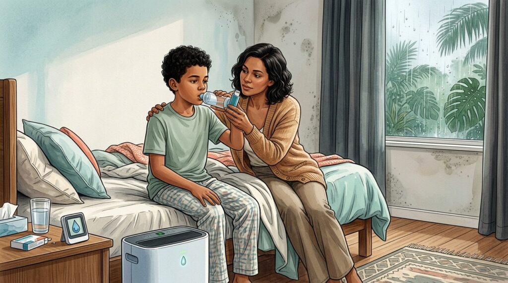 Crianças asmáticas podem apresentar piora respiratória em ambientes úmidos e com mofo.