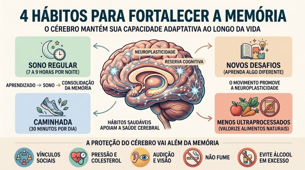 Sono, movimento, desafios cognitivos e alimentação formam pilares para preservar a memória.