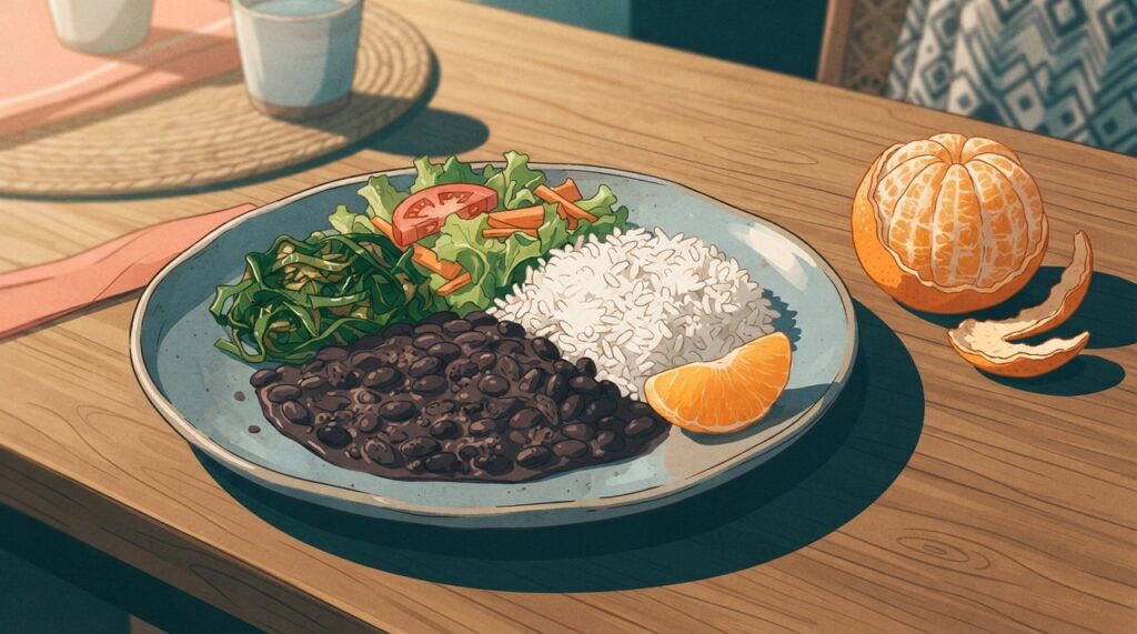 A vitamina C ajuda o organismo a absorver melhor o ferro não heme presente no feijão.