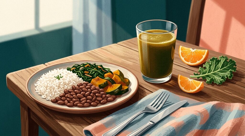 A vitamina C da laranja pode favorecer a absorção do ferro não heme presente em alimentos vegetais.