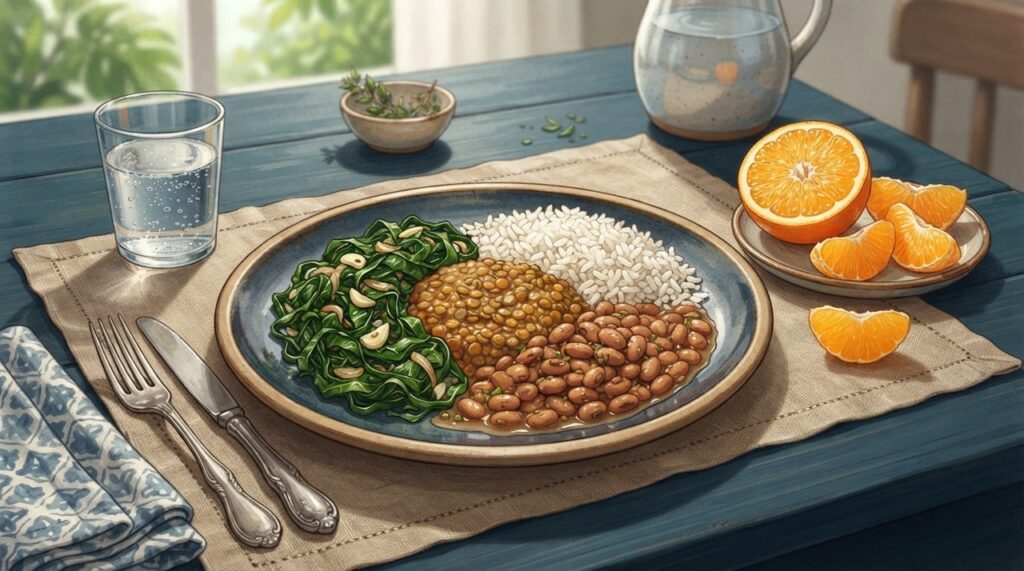 A vitamina C da laranja pode aumentar a absorção do ferro não heme presente nos alimentos vegetais.