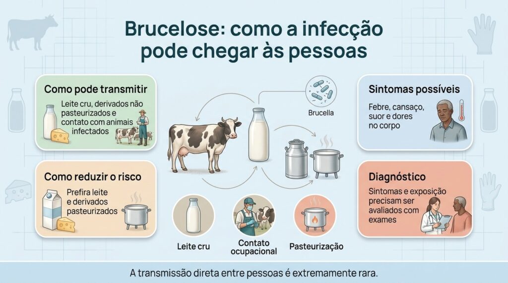 A prevenção envolve evitar leite cru, conhecer a procedência dos derivados e adotar proteção adequada no manejo de animais.