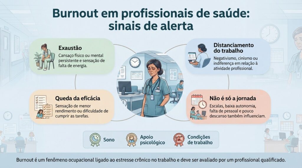 Exaustão, distanciamento do trabalho e redução da eficácia profissional são dimensões centrais do burnout.