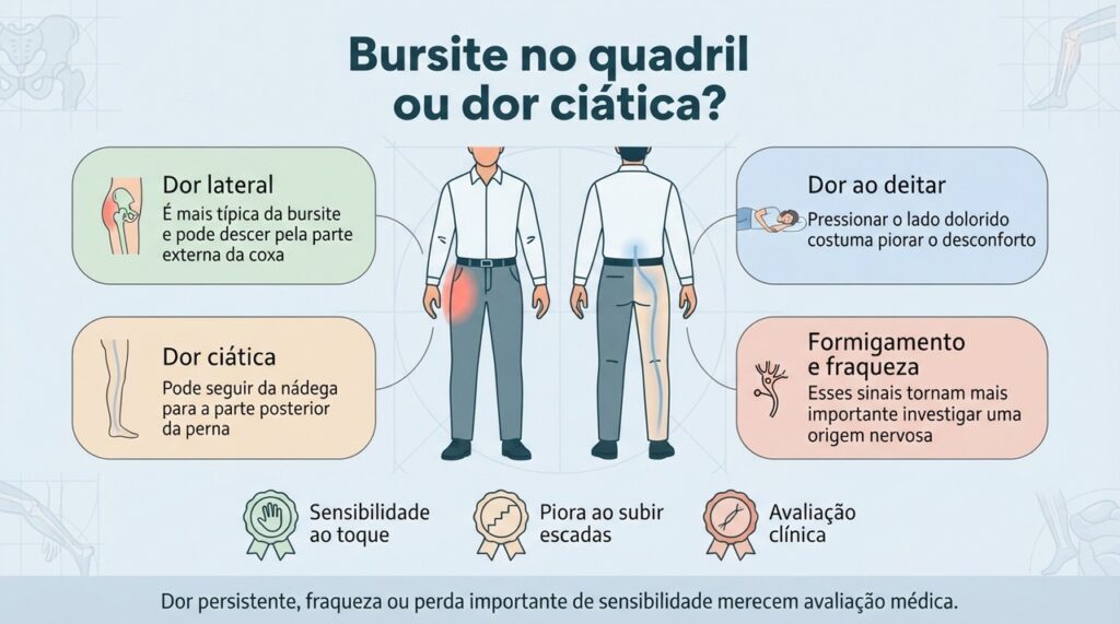 A localização da dor e a presença de sintomas neurológicos ajudam a diferenciar bursite de dor ciática.