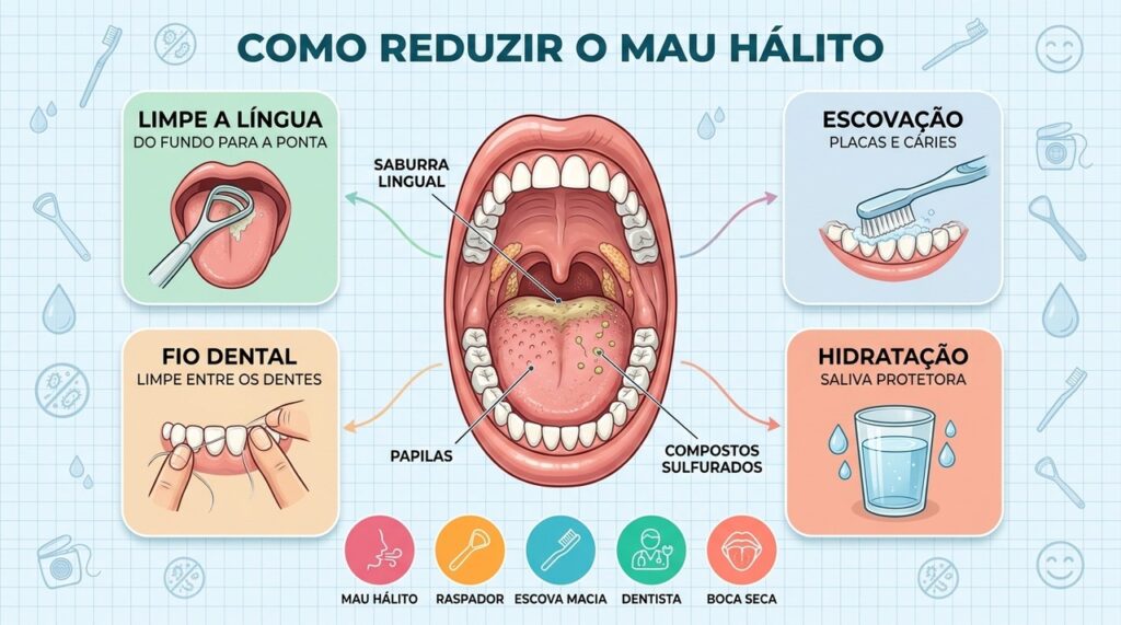 Remover a saburra lingual reduz bactérias produtoras dos gases responsáveis pelo mau odor.
