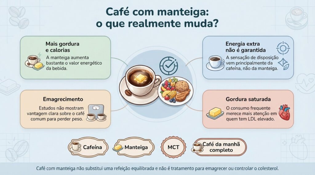 Acrescentar manteiga ao café aumenta gordura e calorias, mas não oferece benefício comprovado sobre o café comum para perda de peso.
