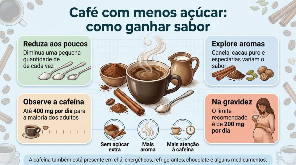 Reduzir o açúcar gradualmente e variar os aromas pode deixar o café saboroso sem depender de tanto açúcar.