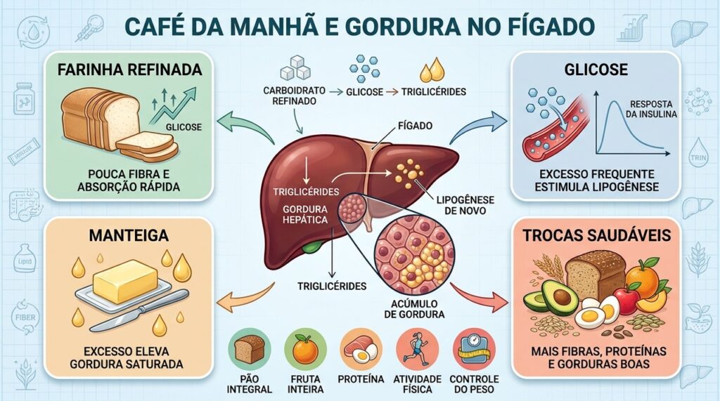 Farinha refinada e gordura saturada podem favorecer o acúmulo de gordura hepática.