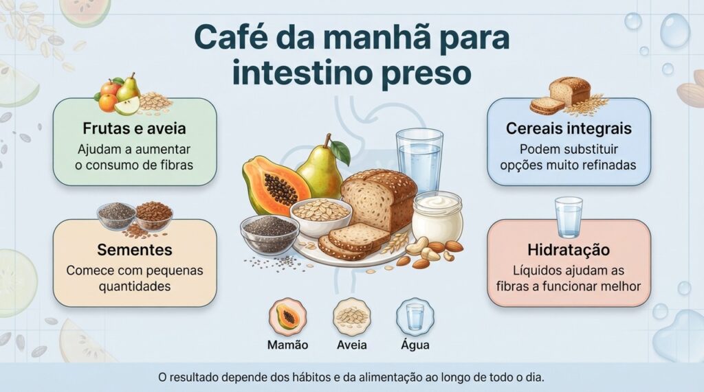 Um café da manhã com fibras e líquidos pode ajudar, mas o intestino depende da rotina do dia inteiro.