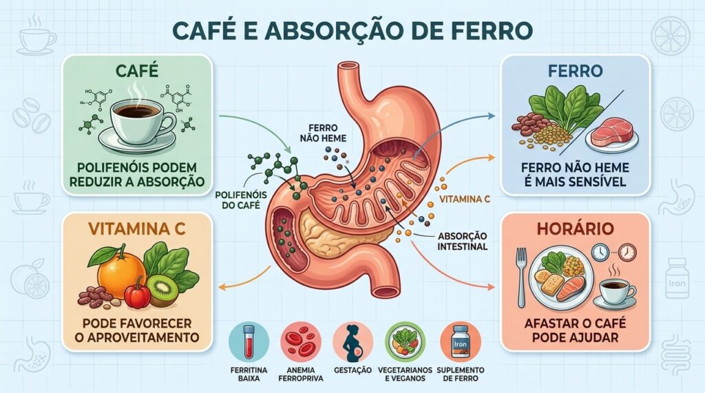 Café, tipo de ferro, vitamina C e horário influenciam a absorção intestinal.