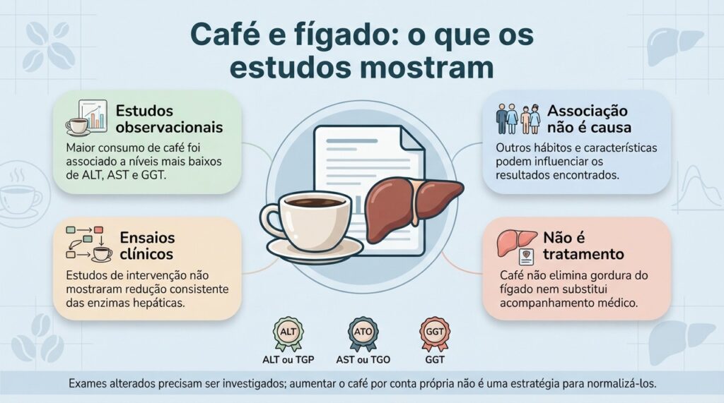 Os estudos observacionais são promissores, mas ensaios clínicos não confirmam que o café reduza diretamente as enzimas do fígado.