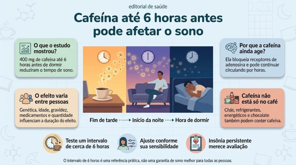 Um estudo encontrou alteração do sono mesmo com cafeína consumida seis horas antes de deitar, mas dose e sensibilidade individual fazem diferença.