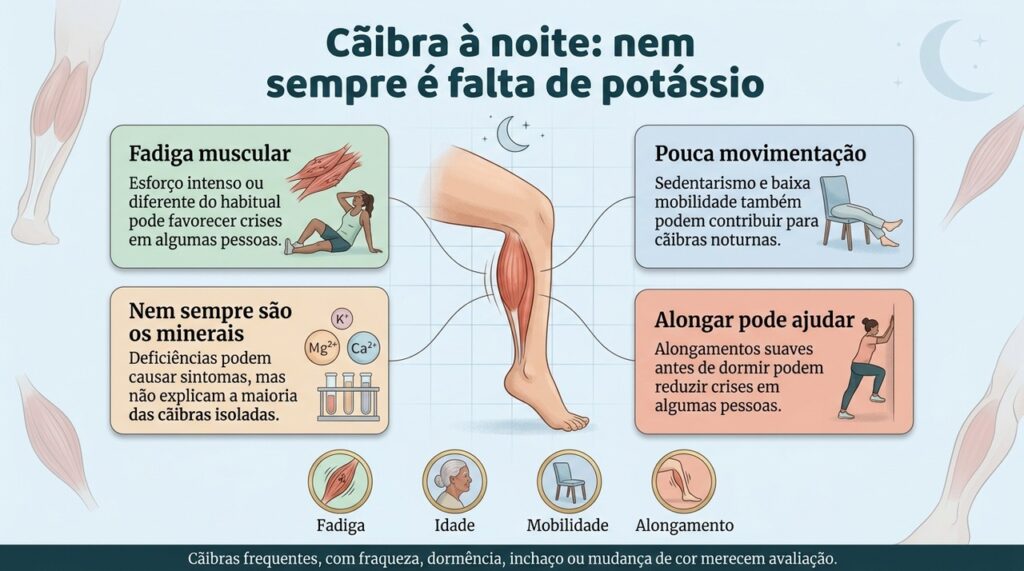 Antes de culpar o potássio, vale considerar fadiga, pouca mobilidade, idade e outros fatores associados às cãibras noturnas.