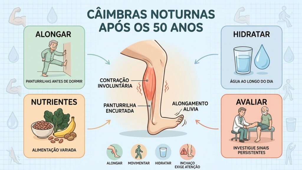 Alongamento, hidratação, movimento diário e alimentação variada ajudam a cuidar das câimbras noturnas.