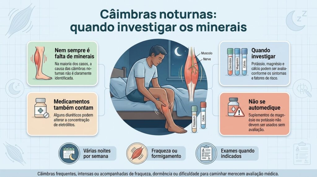 Câimbras noturnas recorrentes podem exigir revisão de medicamentos e exames, mas não devem ser atribuídas automaticamente à falta de minerais.