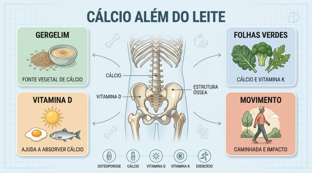 Cálcio vegetal, vitamina D, folhas verdes e exercício contribuem para ossos mais resistentes.