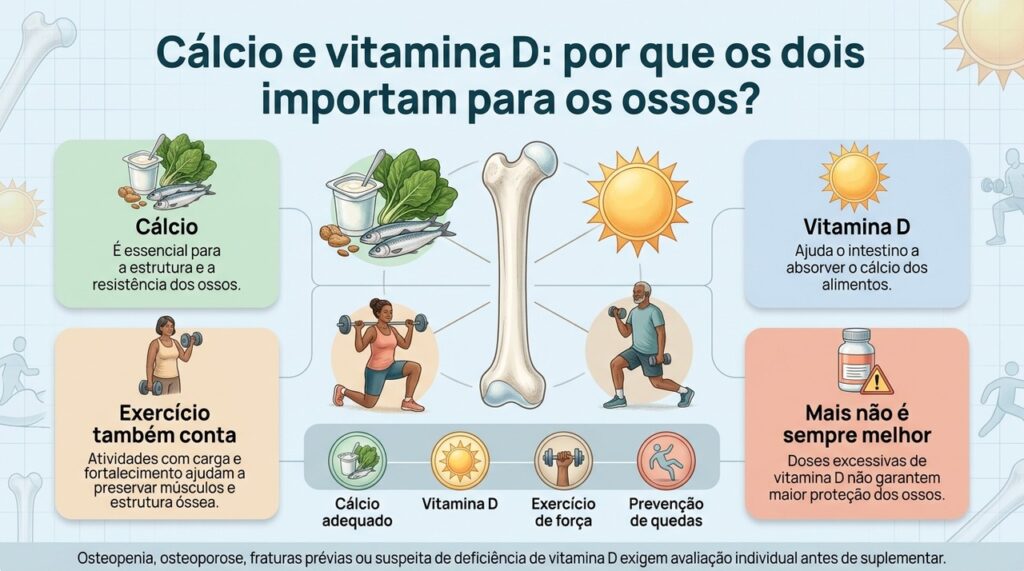 Manter os ossos fortes depende da combinação entre cálcio, vitamina D, atividade física e outros cuidados ao longo do envelhecimento.