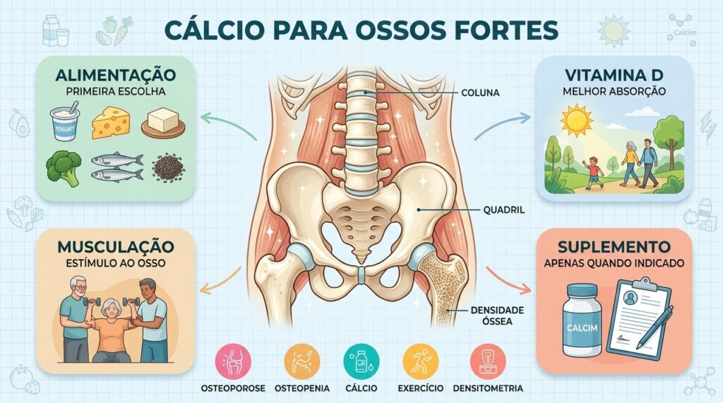 Alimentação, vitamina D, exercício e suplementação orientada sustentam a saúde óssea.