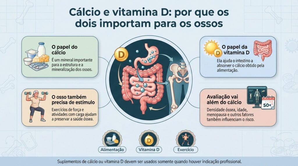 A vitamina D favorece a absorção intestinal do cálcio, mas a saúde óssea também depende de exercício, idade e outros fatores.